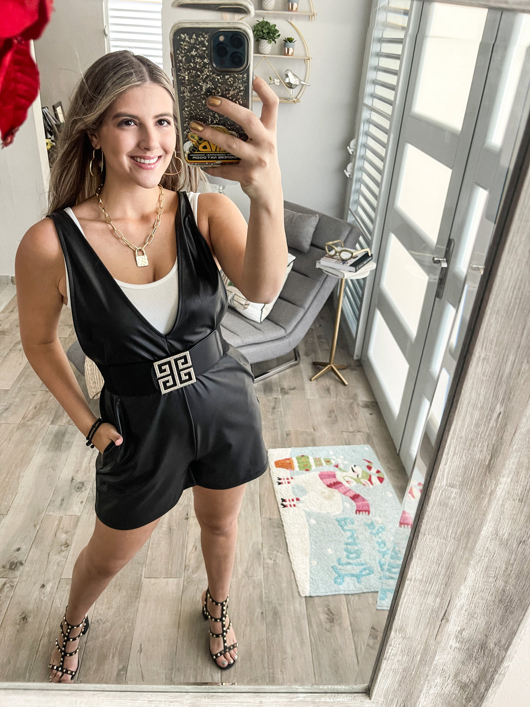 FAUX LEATHER V NECK POCKET ROMPER