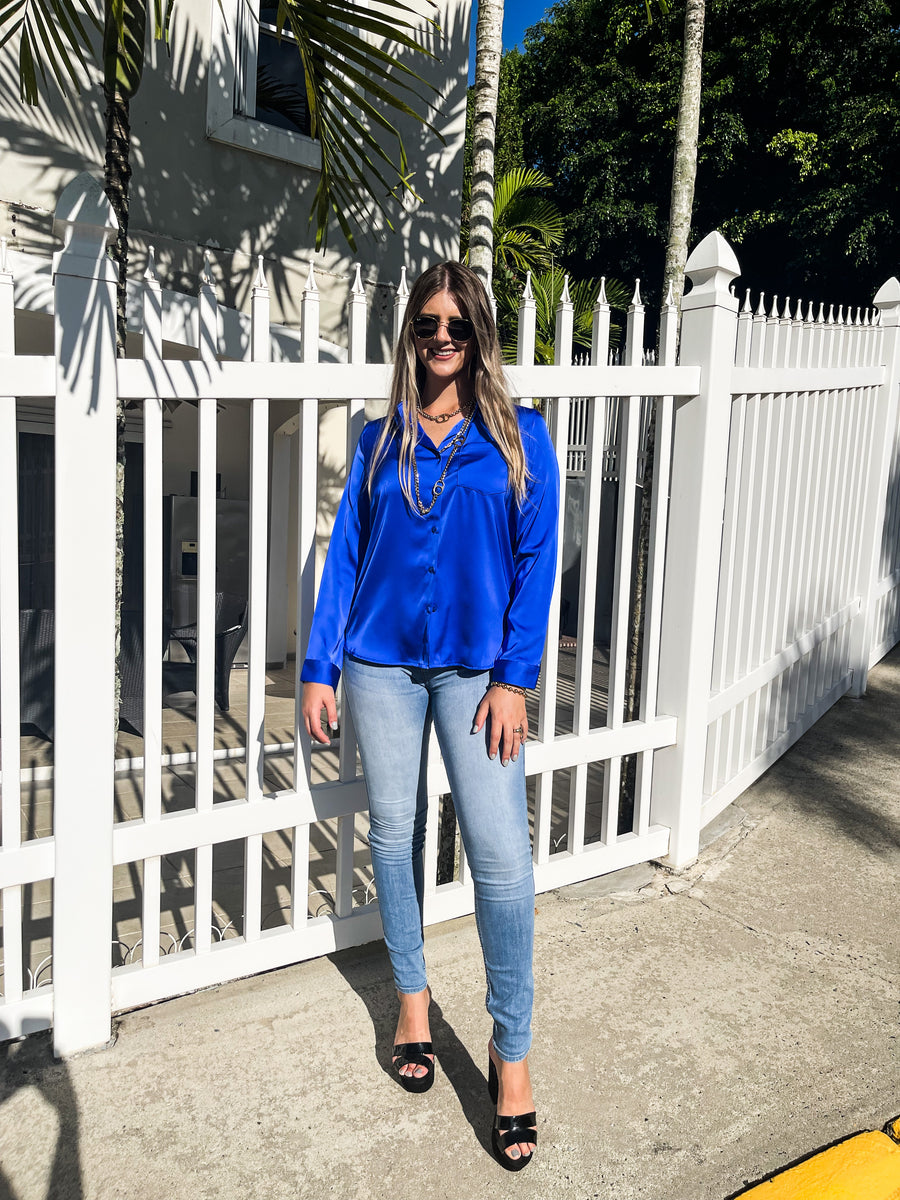 SATIN ELECTRIC BLUE LONG SLEEVE TOP