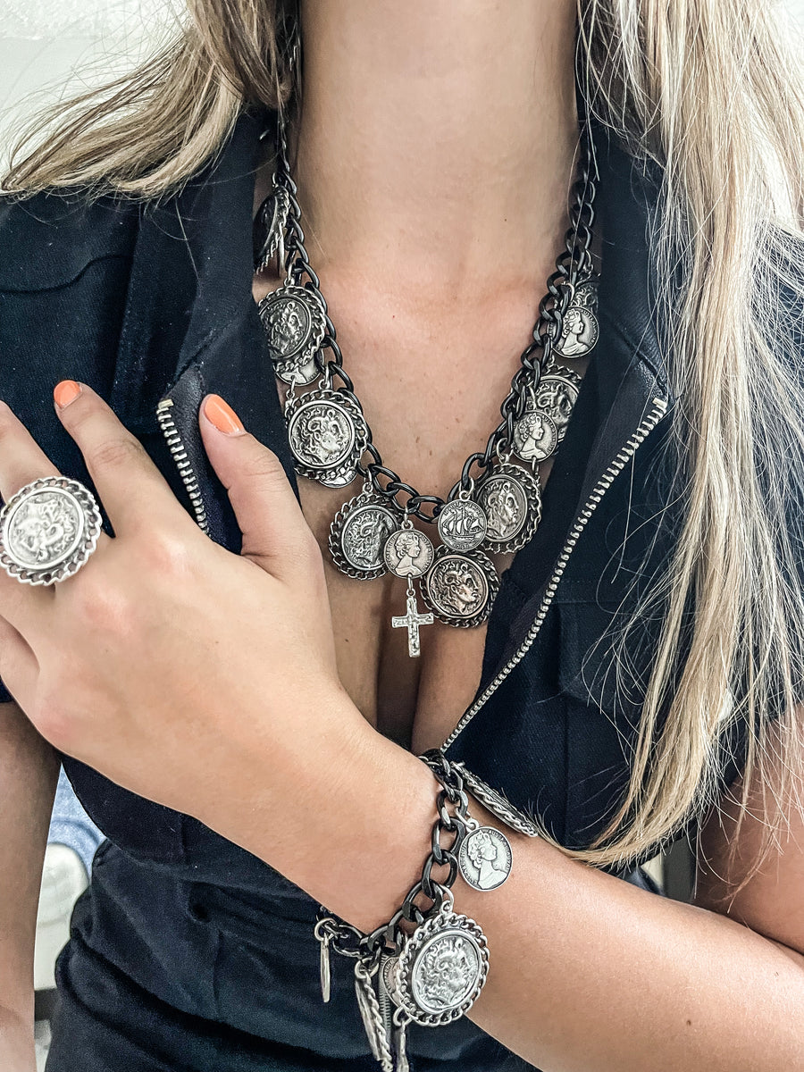 BLACK SILVER COIN BRACELET
