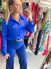 SATIN ELECTRIC BLUE LONG SLEEVE TOP