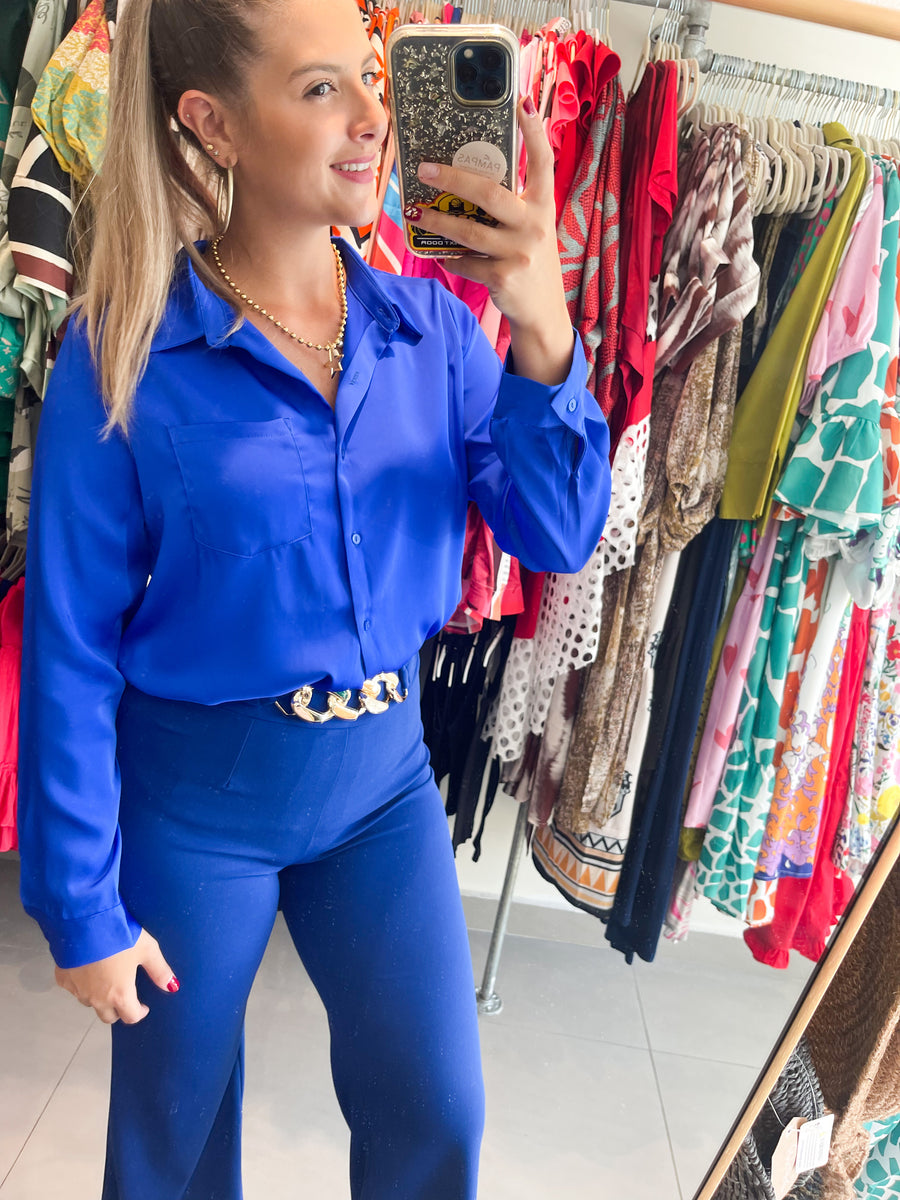 SATIN ELECTRIC BLUE LONG SLEEVE TOP