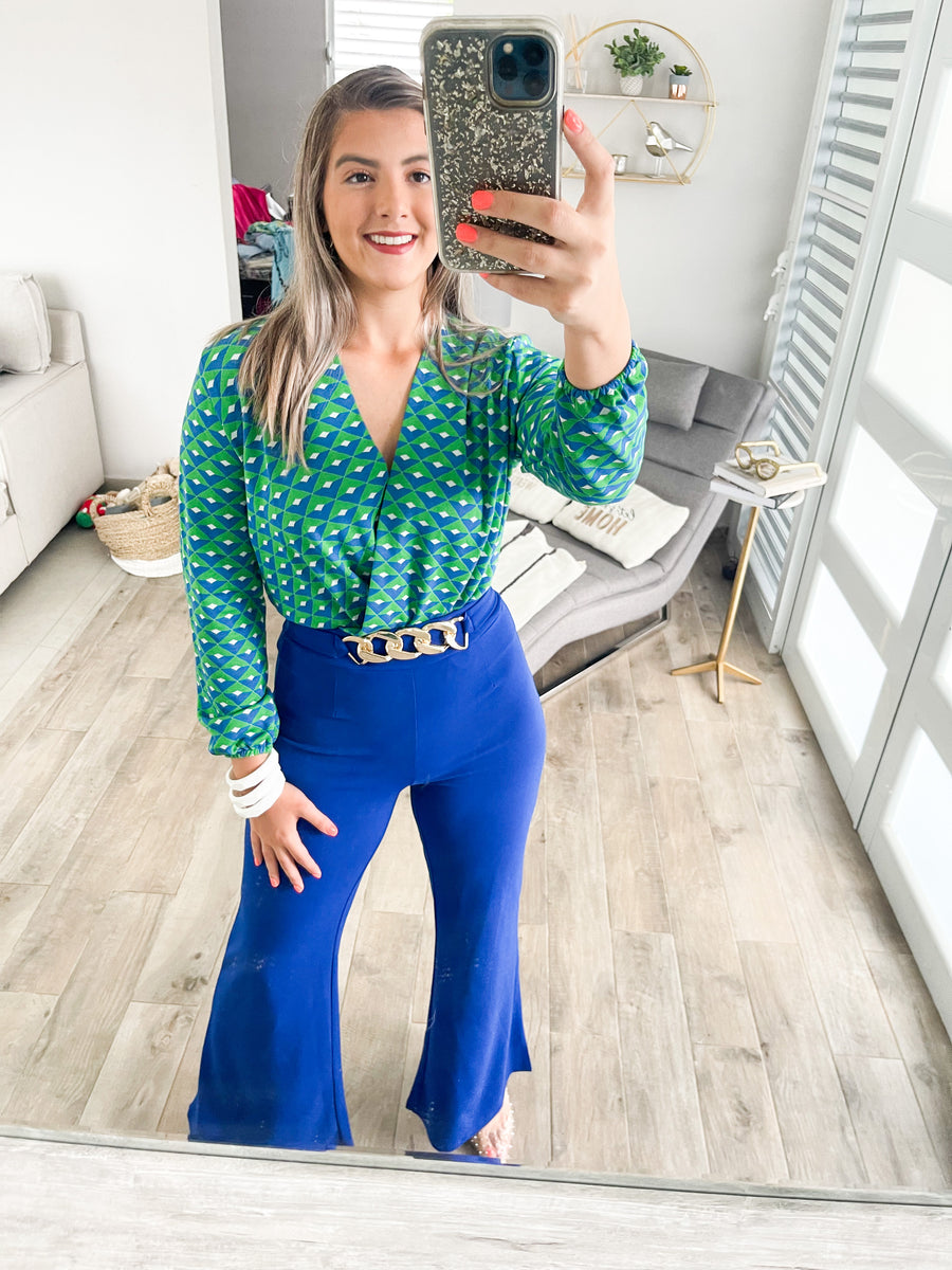 GREEN/BLUE V-NECK BLOUSE