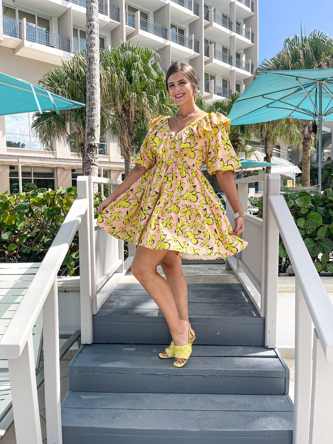 PEACHY PINK PRINT RUFFLE DRESS