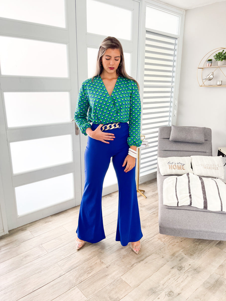 GREEN/BLUE V-NECK BLOUSE