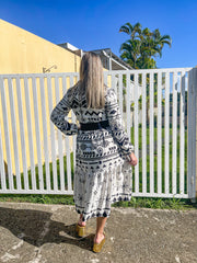 WHITE TRIBAL PRINT COLLARED RUFFLE DRESS