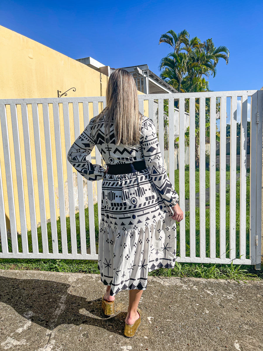 WHITE TRIBAL PRINT COLLARED RUFFLE DRESS