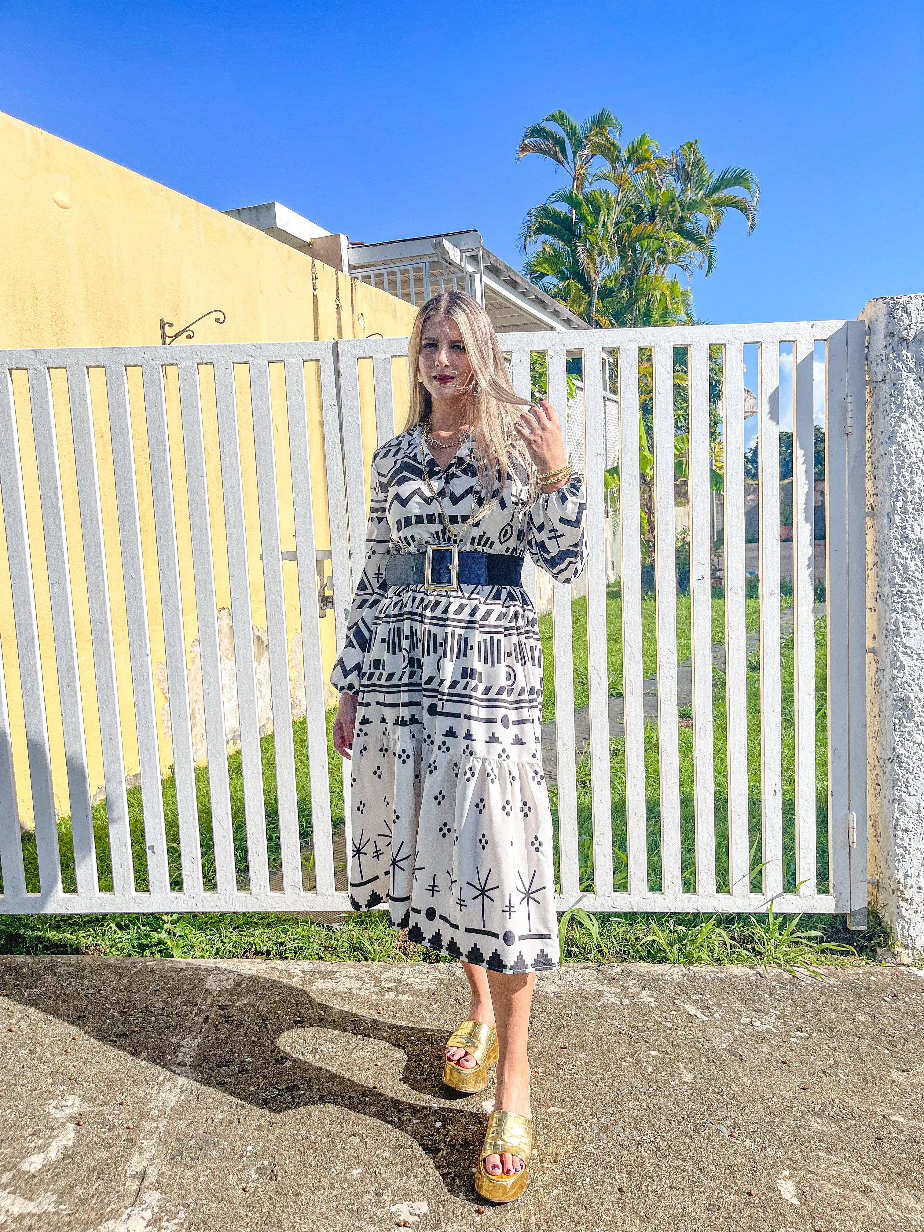 WHITE TRIBAL PRINT COLLARED RUFFLE DRESS