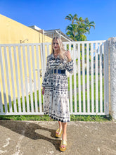 Load image into Gallery viewer, WHITE TRIBAL PRINT COLLARED RUFFLE DRESS
