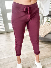 WINE SIDE RHINESTONES CRINKLE JOGGERS