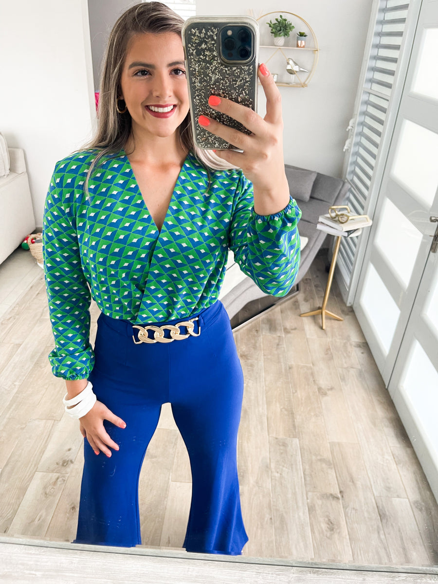 GREEN/BLUE V-NECK BLOUSE