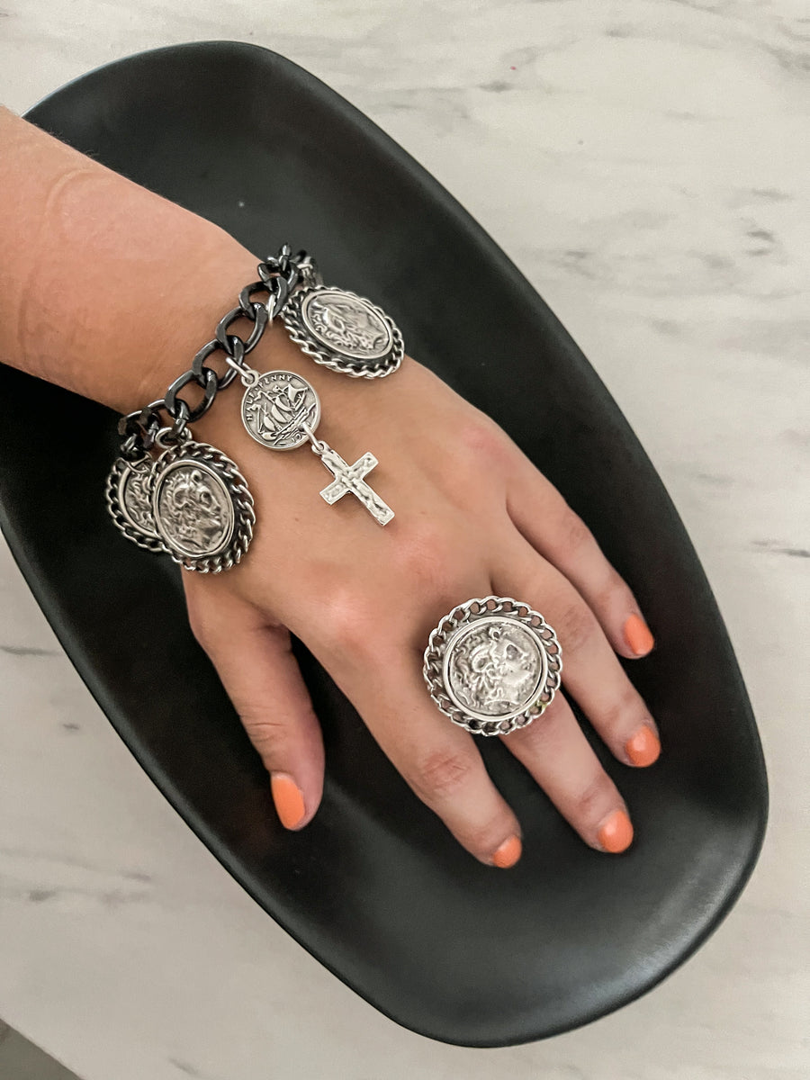 BLACK SILVER COIN BRACELET