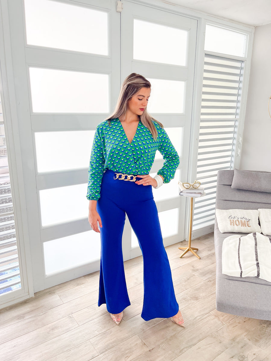 GREEN/BLUE V-NECK BLOUSE