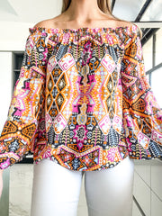 BLACK PRINTED OFF SHOULDER TOP