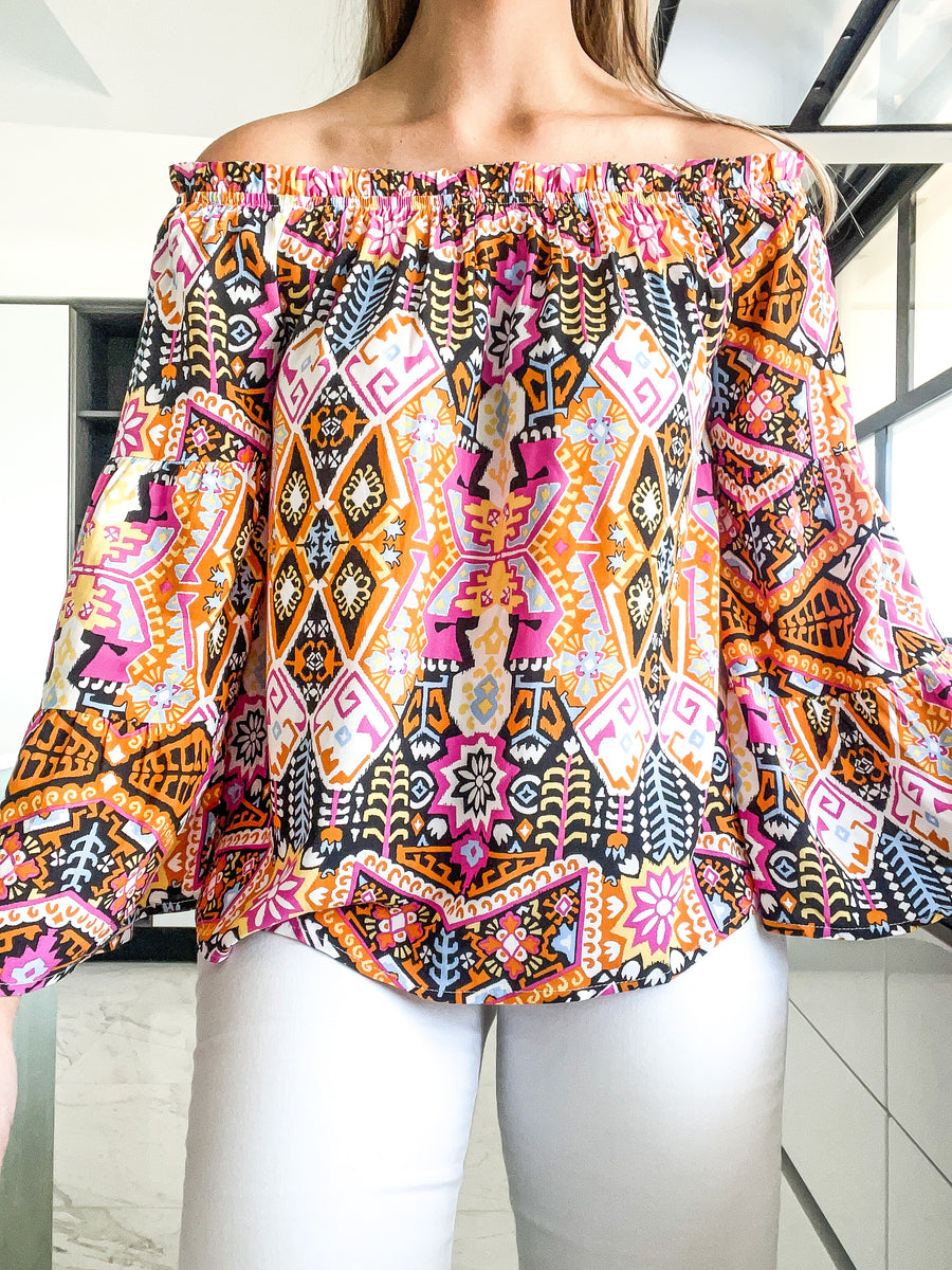 BLACK PRINTED OFF SHOULDER TOP