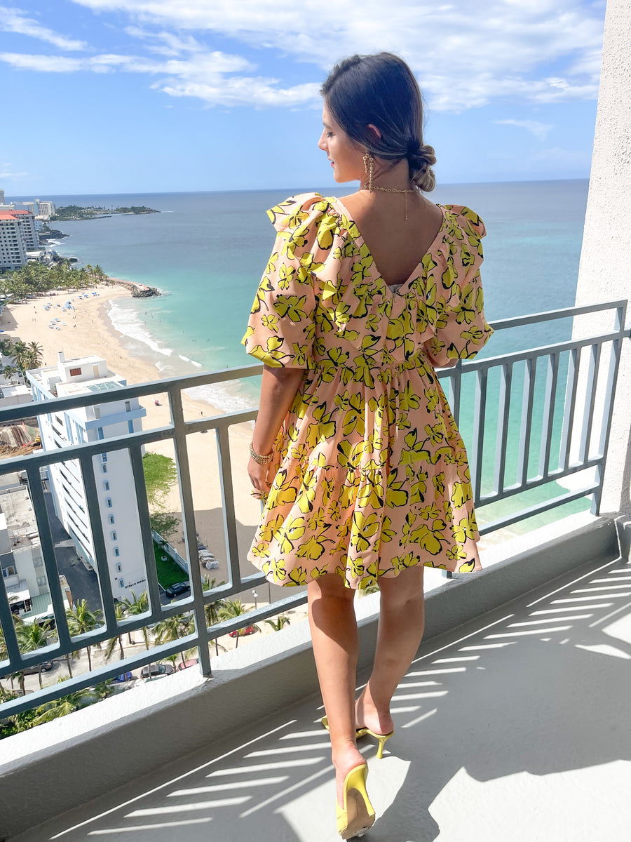 PEACHY PINK PRINT RUFFLE DRESS
