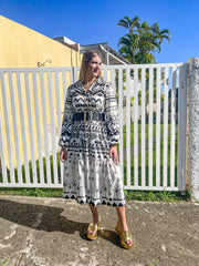 WHITE TRIBAL PRINT COLLARED RUFFLE DRESS