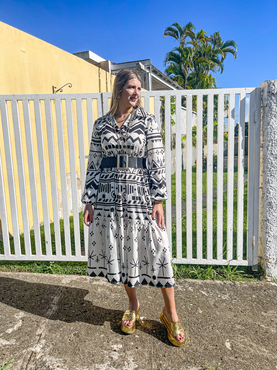 WHITE TRIBAL PRINT COLLARED RUFFLE DRESS