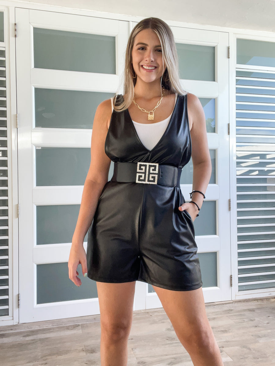 FAUX LEATHER V NECK POCKET ROMPER