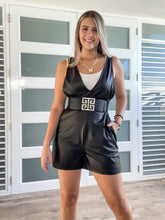 Load image into Gallery viewer, FAUX LEATHER V NECK POCKET ROMPER
