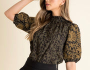 LEOPARD EMBROIDERED PUFF SLEEVE TOP