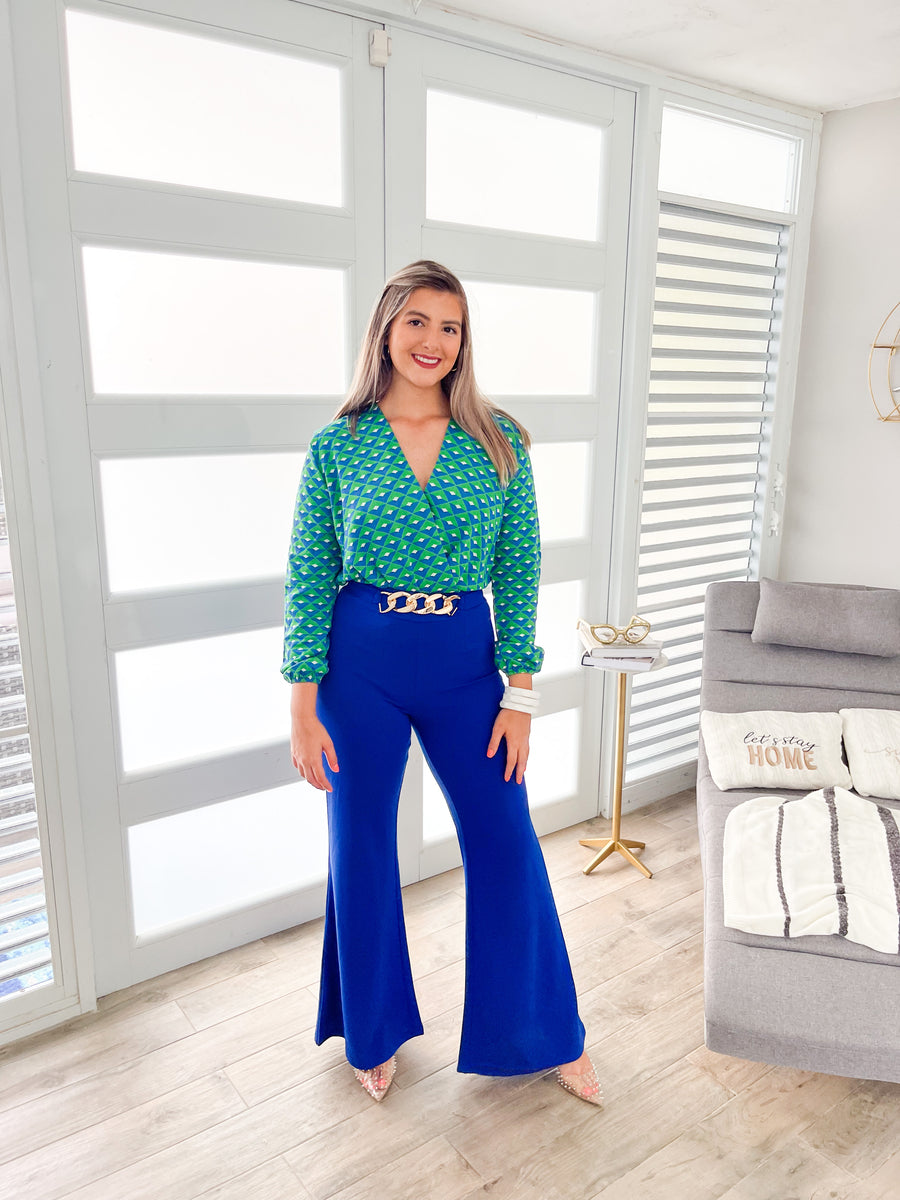 GREEN/BLUE V-NECK BLOUSE