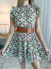 Load image into Gallery viewer, GEOMETRIC PRINT RUFFLE DRESS
