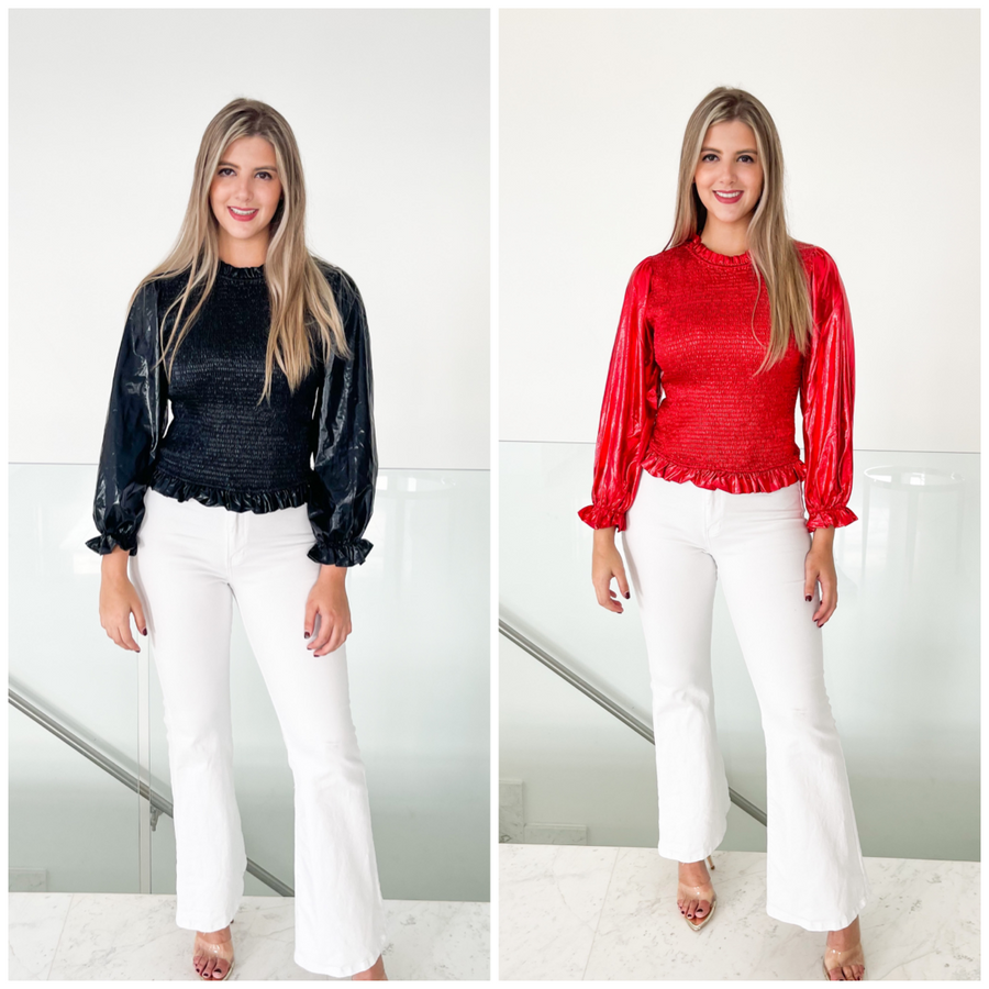 METALLIC PLEATHER SMOCKED BODICE TOP