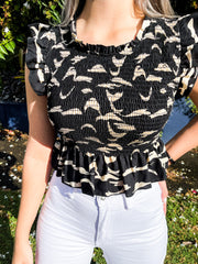 BLACK PRINT CROP SMOCKED BLOUSE