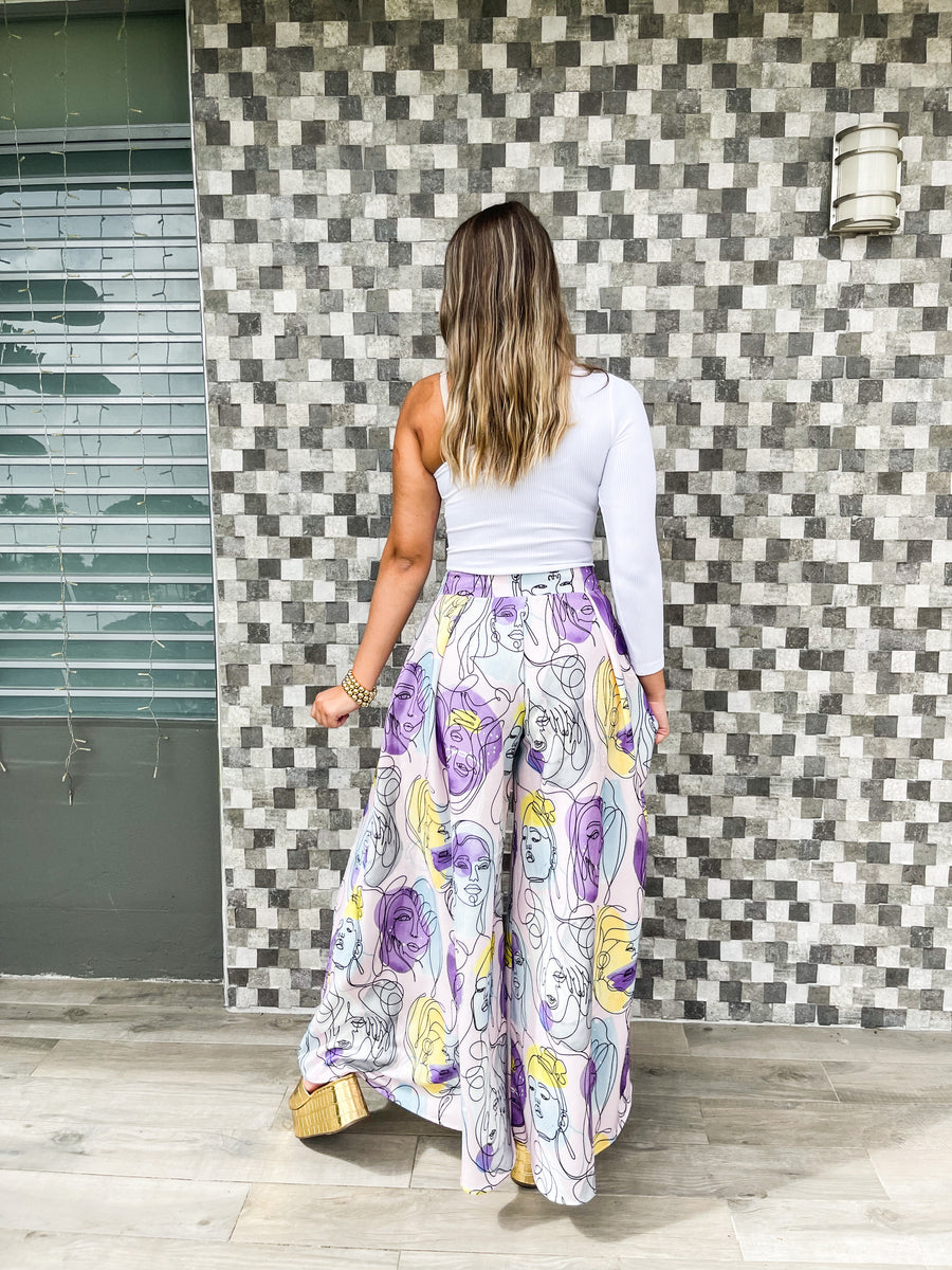 PURPLE RETRO FACE PALAZZOS