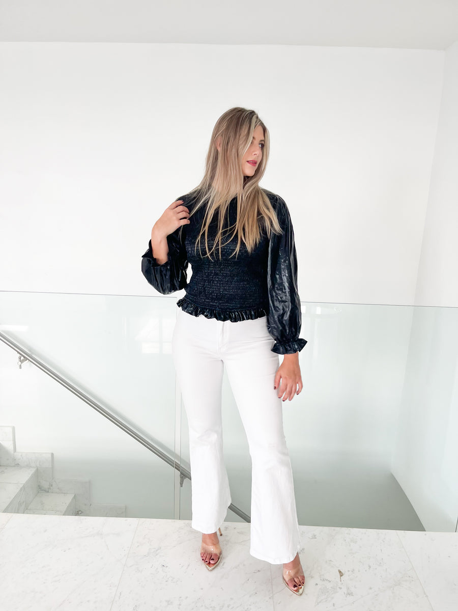 METALLIC PLEATHER SMOCKED BODICE TOP