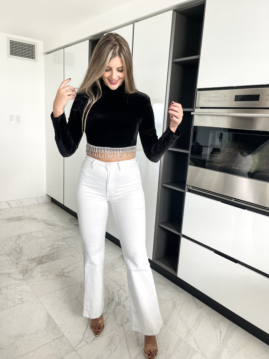 BLACK VELVET RHINESTONES CROP TOP