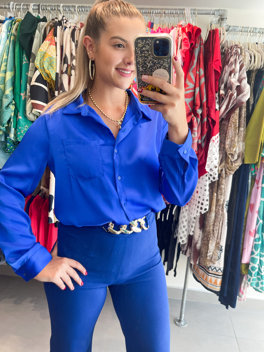 SATIN ELECTRIC BLUE LONG SLEEVE TOP