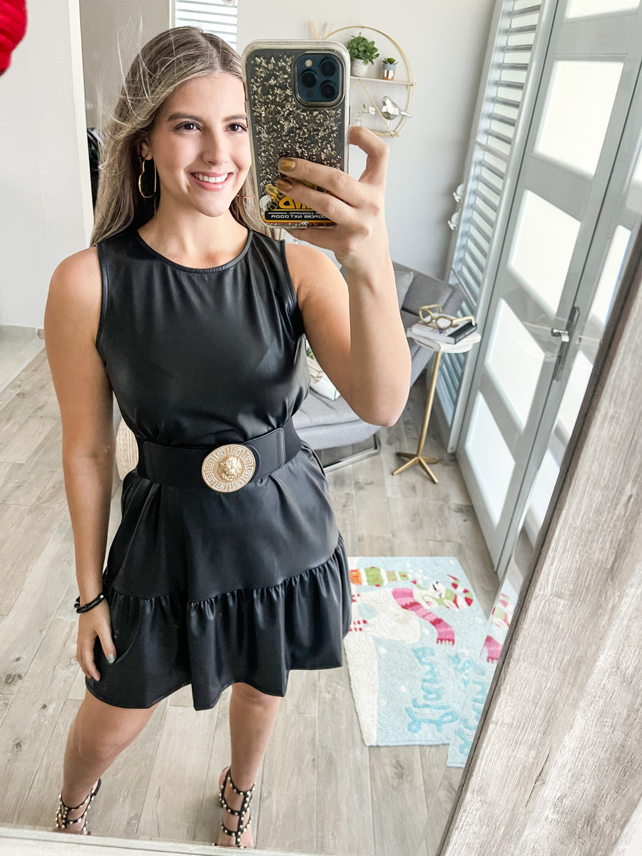 FAUX LEATHER RUFFLED DRESS