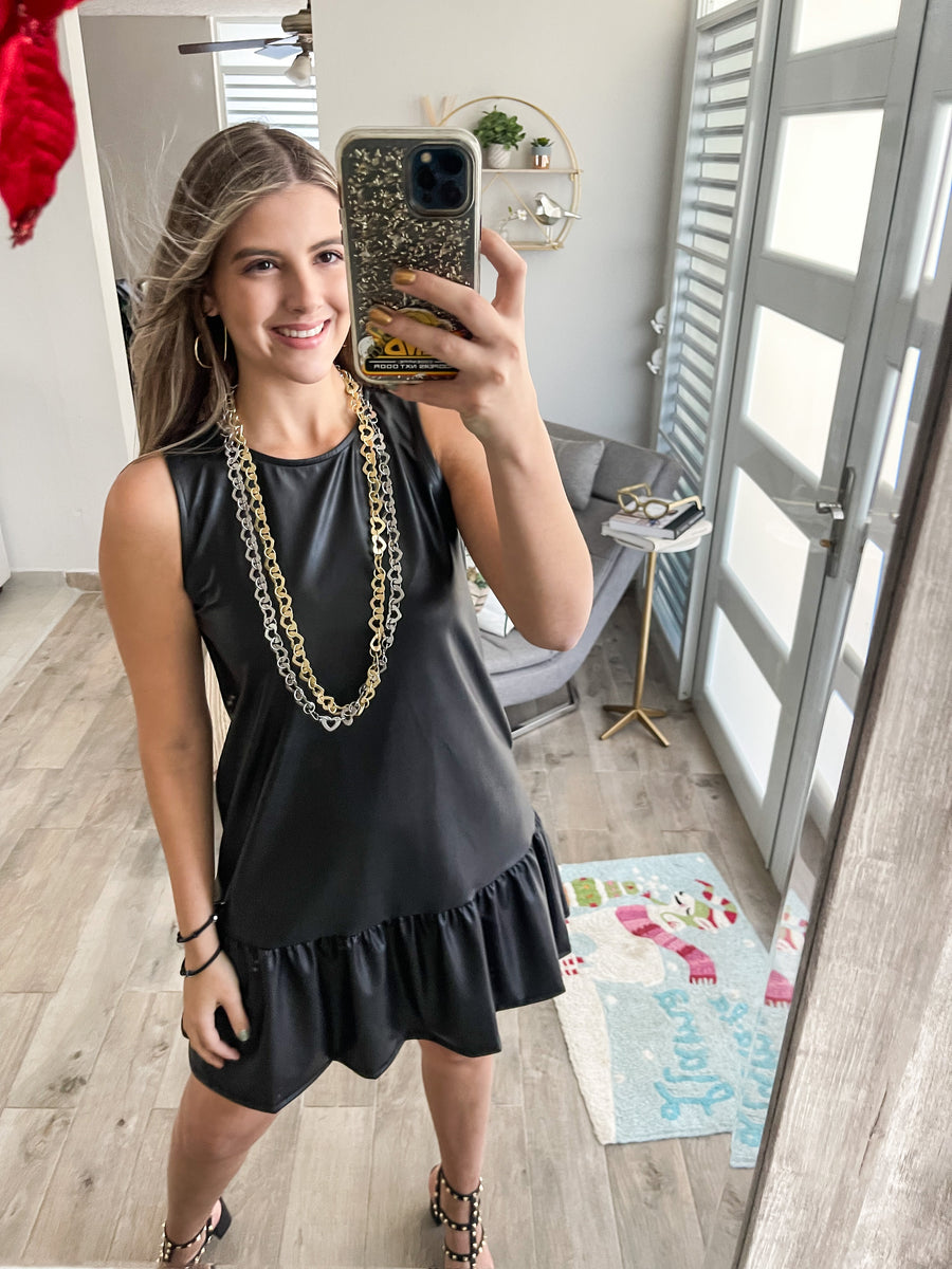 FAUX LEATHER RUFFLED DRESS