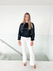 METALLIC PLEATHER SMOCKED BODICE TOP
