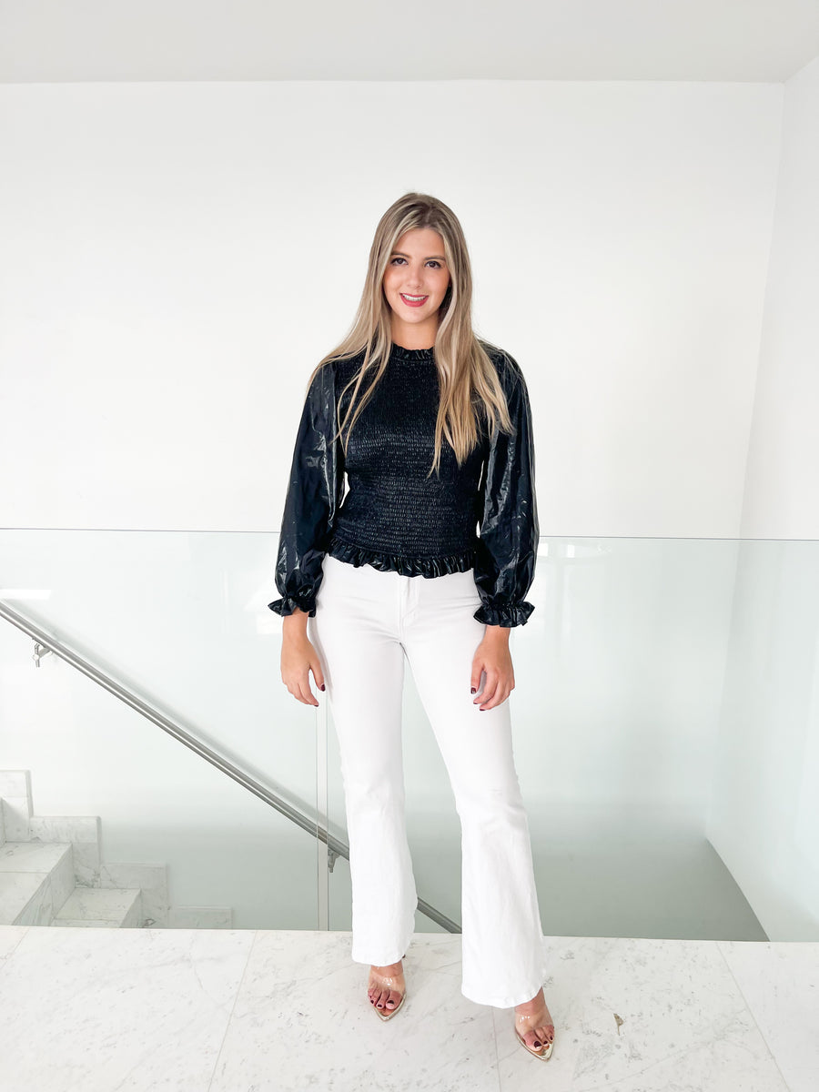 METALLIC PLEATHER SMOCKED BODICE TOP