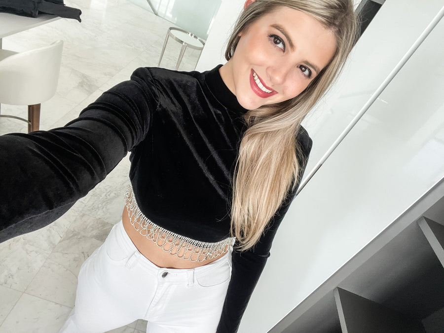 BLACK VELVET RHINESTONES CROP TOP