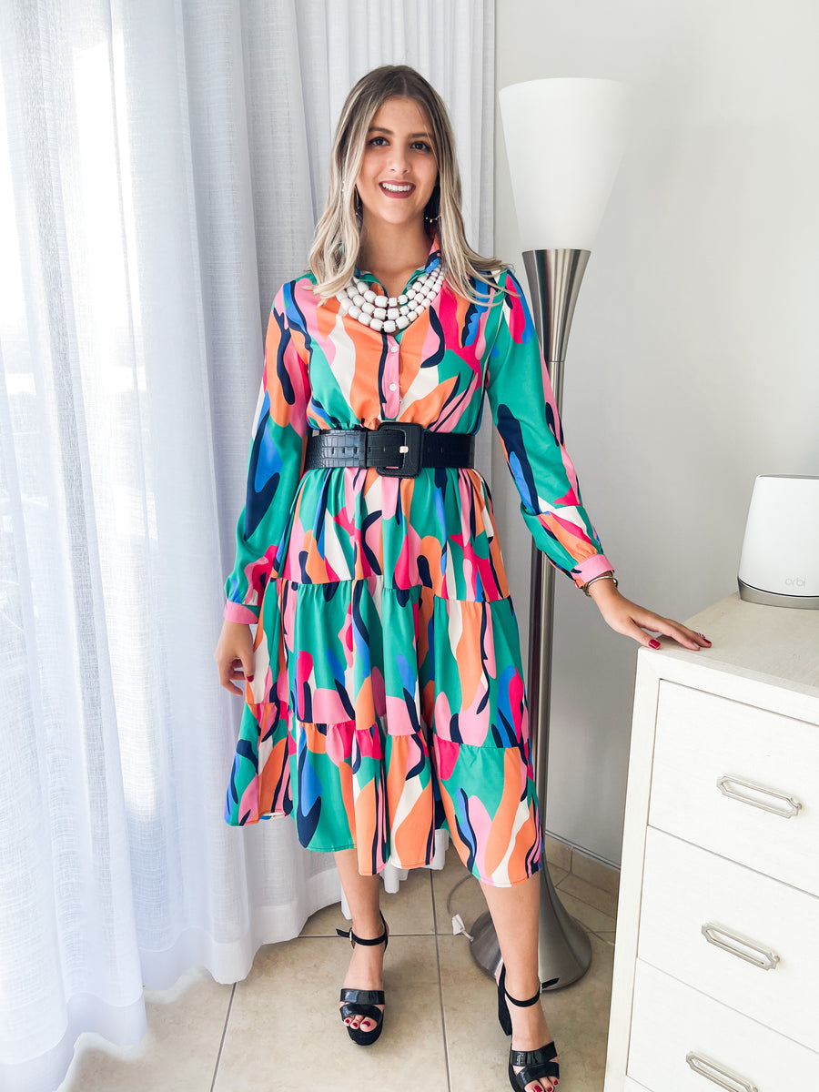 MULTI PRINT MIDI DRESS